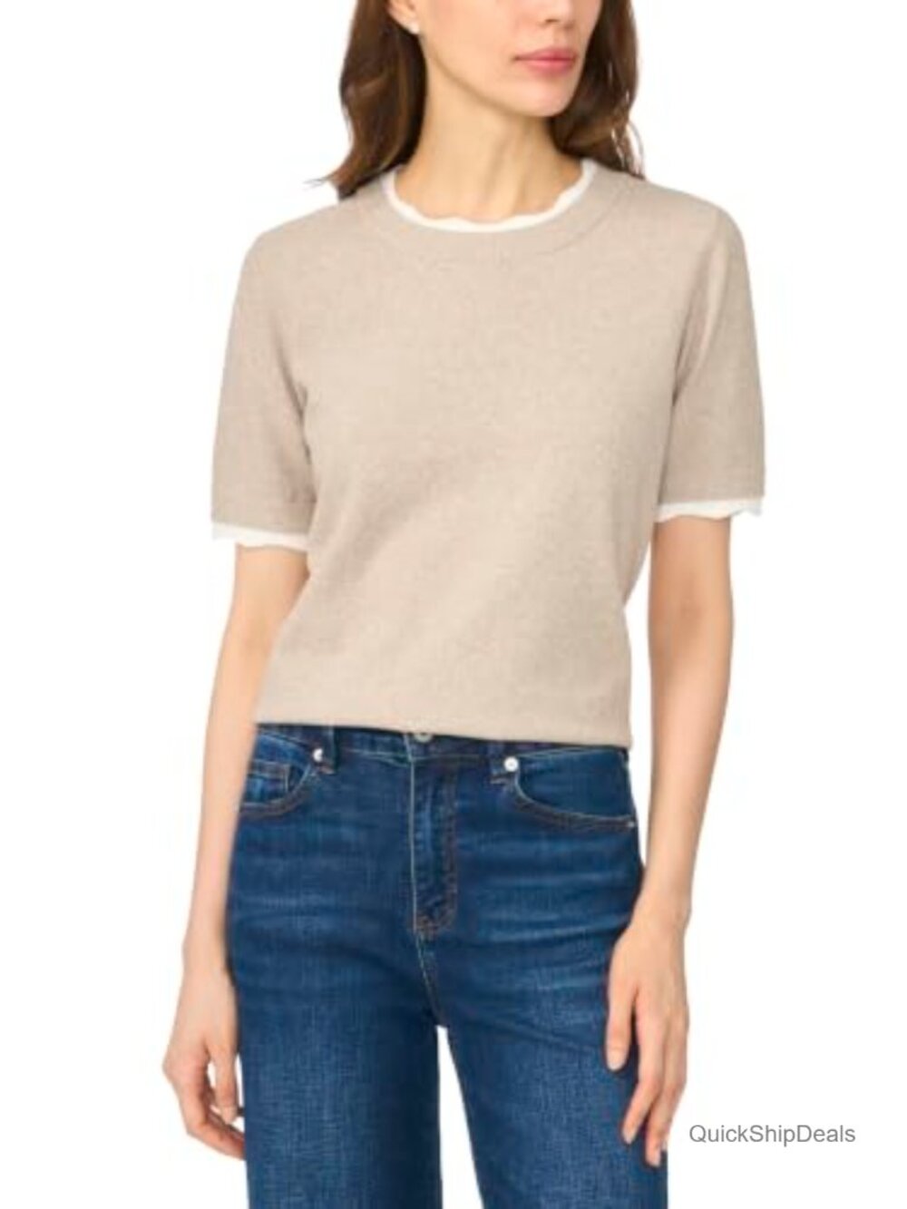 CeCe Lace Trim Crew Neck Short Sleeve Sweater Pullover